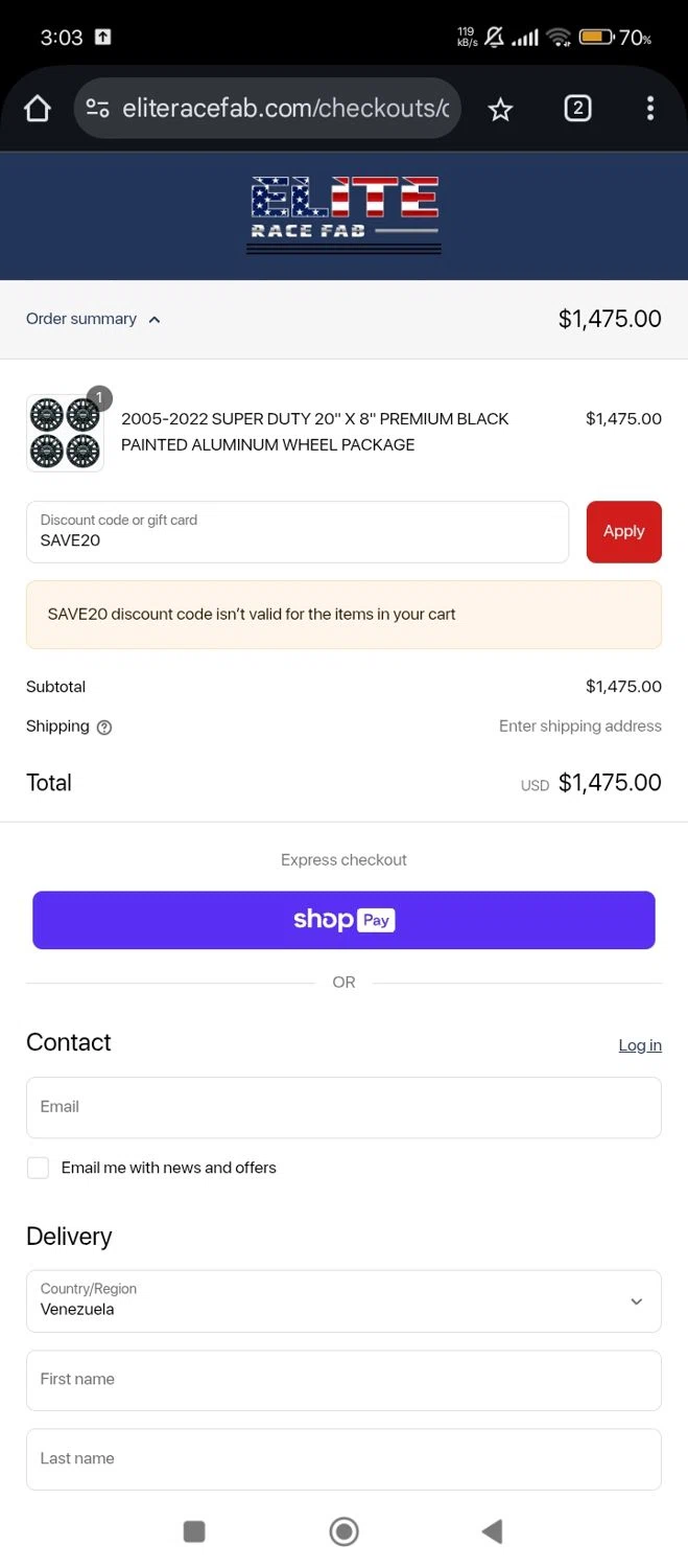 Elite Race Fab discount code screenshot showing code SAVE20 applied at Elite Race Fab checkout page. Uploaded by SimplyCodes community member RebateShopper5497 on Aug 12, 2025