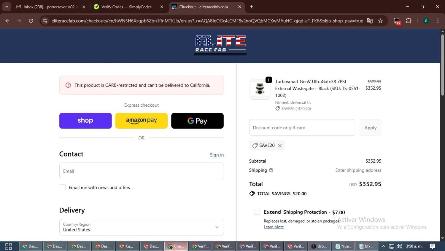 Elite Race Fab discount code screenshot showing code SAVE20 applied at Elite Race Fab checkout page. Uploaded by SimplyCodes community member ShrewdAce7935 on Nov 14, 2025