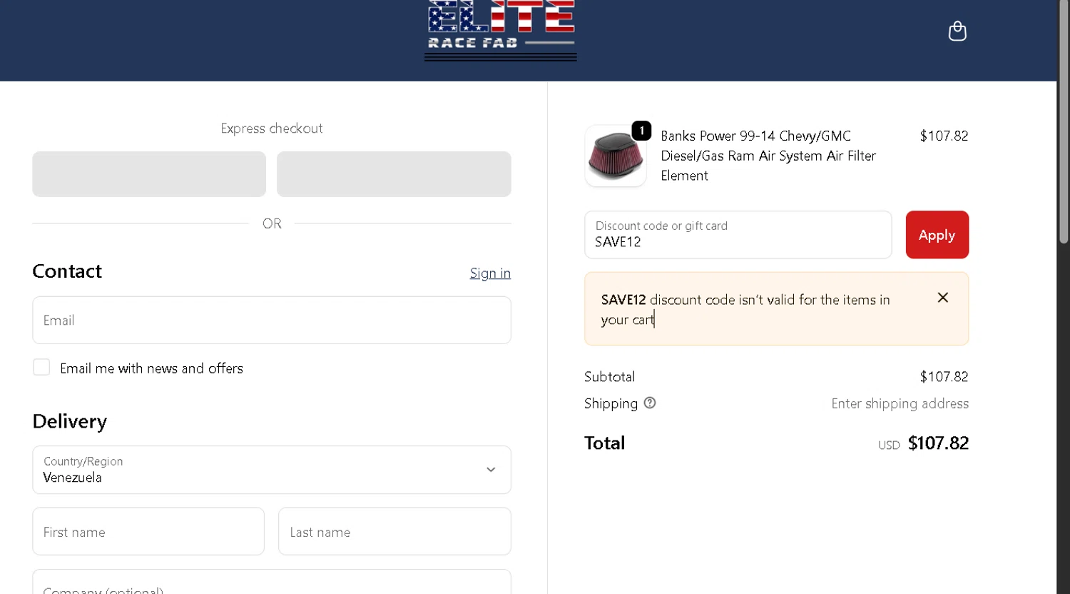 Elite Race Fab discount code screenshot showing code SAVE12 applied at Elite Race Fab checkout page. Uploaded by SimplyCodes community member Sethrollins on Oct 22, 2025