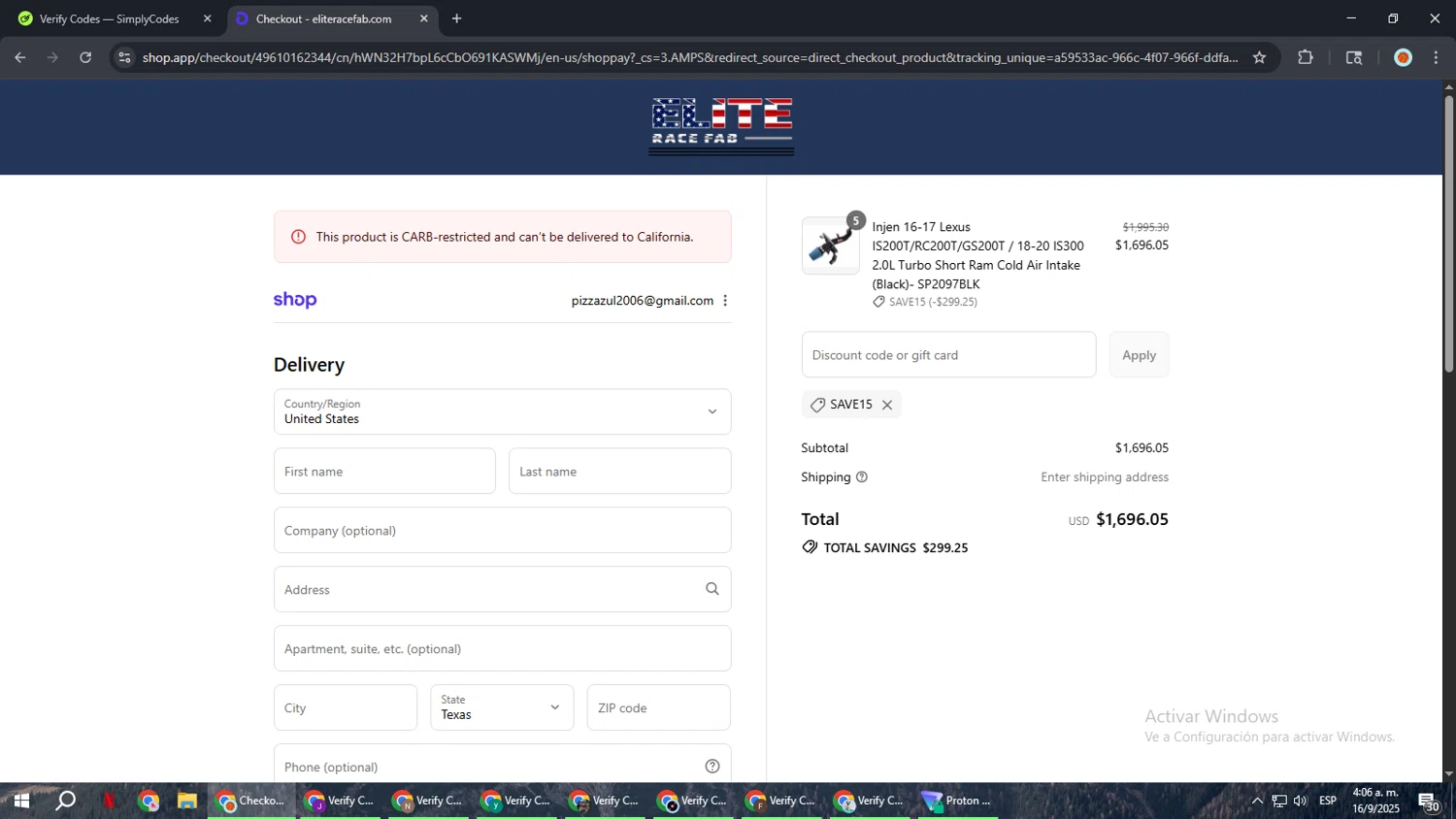 Elite Race Fab discount code screenshot showing code SAVE15 applied at Elite Race Fab checkout page. Uploaded by SimplyCodes community member BonusCaptain9927 on Sep 16, 2025