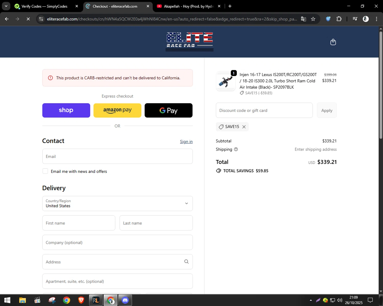 Elite Race Fab discount code screenshot showing code SAVE15 applied at Elite Race Fab checkout page. Uploaded by SimplyCodes community member CleverSentinel9441 on Oct 27, 2025