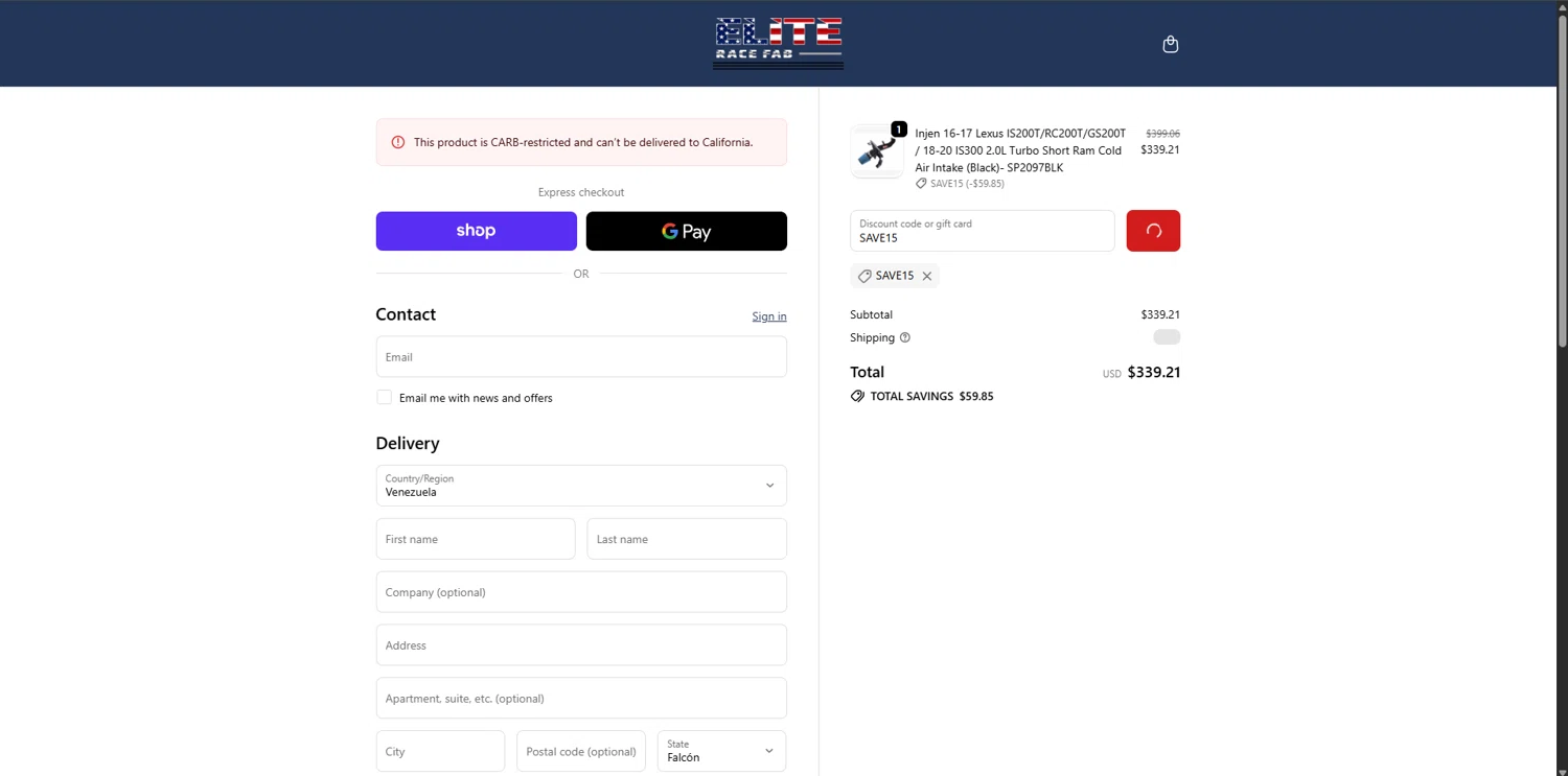 Elite Race Fab discount code screenshot showing code SAVE15 applied at Elite Race Fab checkout page. Uploaded by SimplyCodes community member RoyalVirtuoso4479 on Oct 22, 2025
