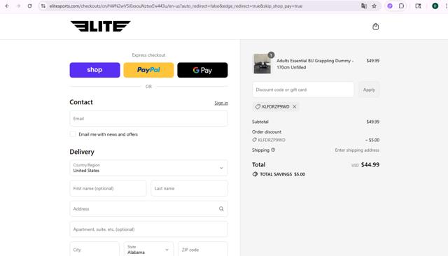 Elite Sports checkout page showing Elite Sports coupon code box | Screenshot taken by SimplyCodes community member on Sep 13, 2025