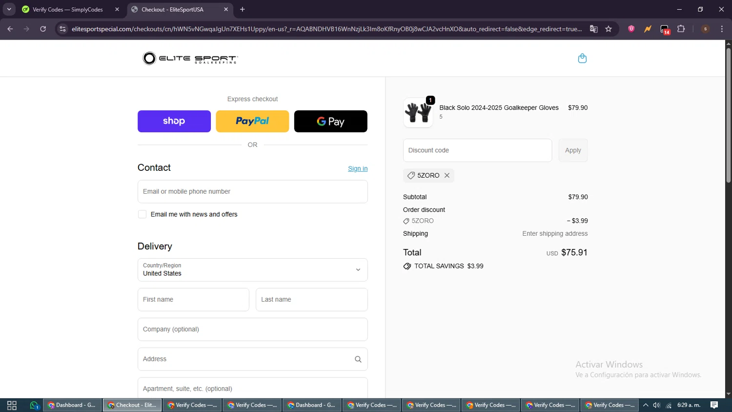 EliteSportUSA promo code screenshot showing code 5ZORO applied at EliteSportUSA checkout page. Uploaded by SimplyCodes community member GoldSentinel1426 on Dec 1, 2025