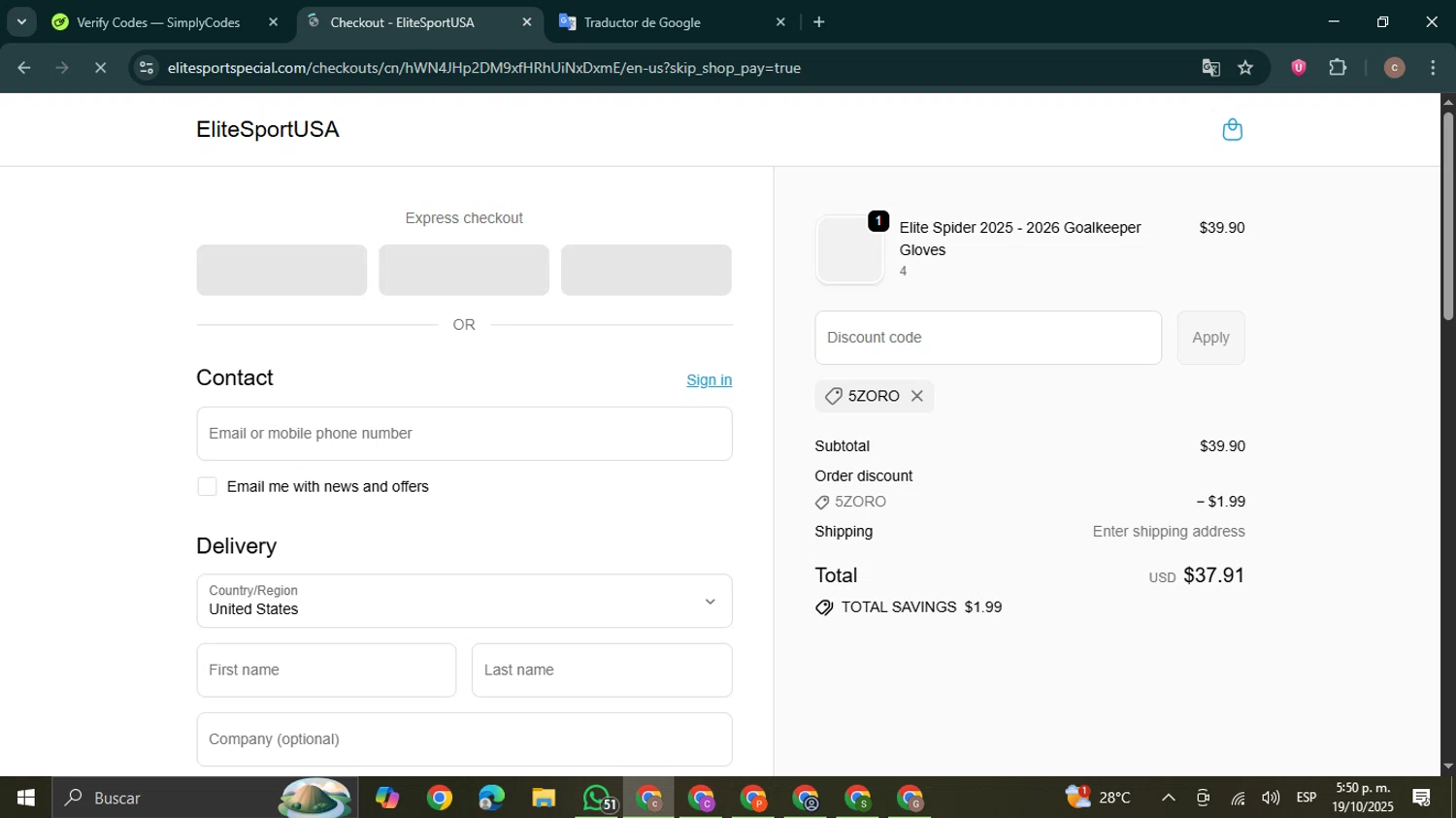 EliteSportUSA promo code screenshot showing code 5ZORO applied at EliteSportUSA checkout page. Uploaded by SimplyCodes community member NobleExpert6497 on Oct 19, 2025