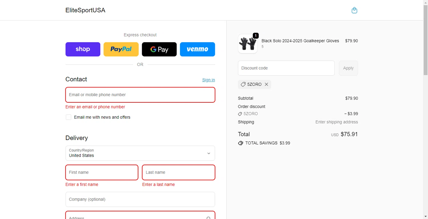 EliteSportUSA promo code screenshot showing code 5ZORO applied at EliteSportUSA checkout page. Uploaded by SimplyCodes community member RewardLion6202 on Nov 16, 2025