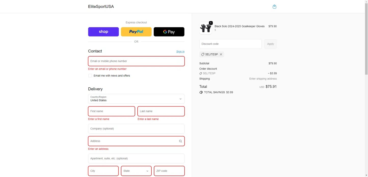 EliteSportUSA promo code screenshot showing code 5elitesp applied at EliteSportUSA checkout page. Uploaded by SimplyCodes community member DiscountWarden480 on Nov 16, 2025