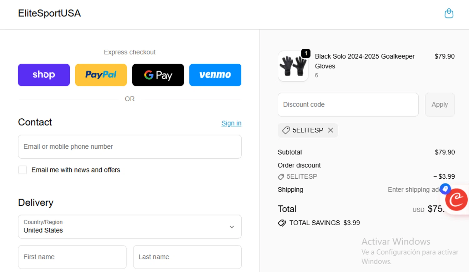 EliteSportUSA promo code screenshot showing code 5elitesp applied at EliteSportUSA checkout page. Uploaded by SimplyCodes community member SaloMac on Oct 28, 2025