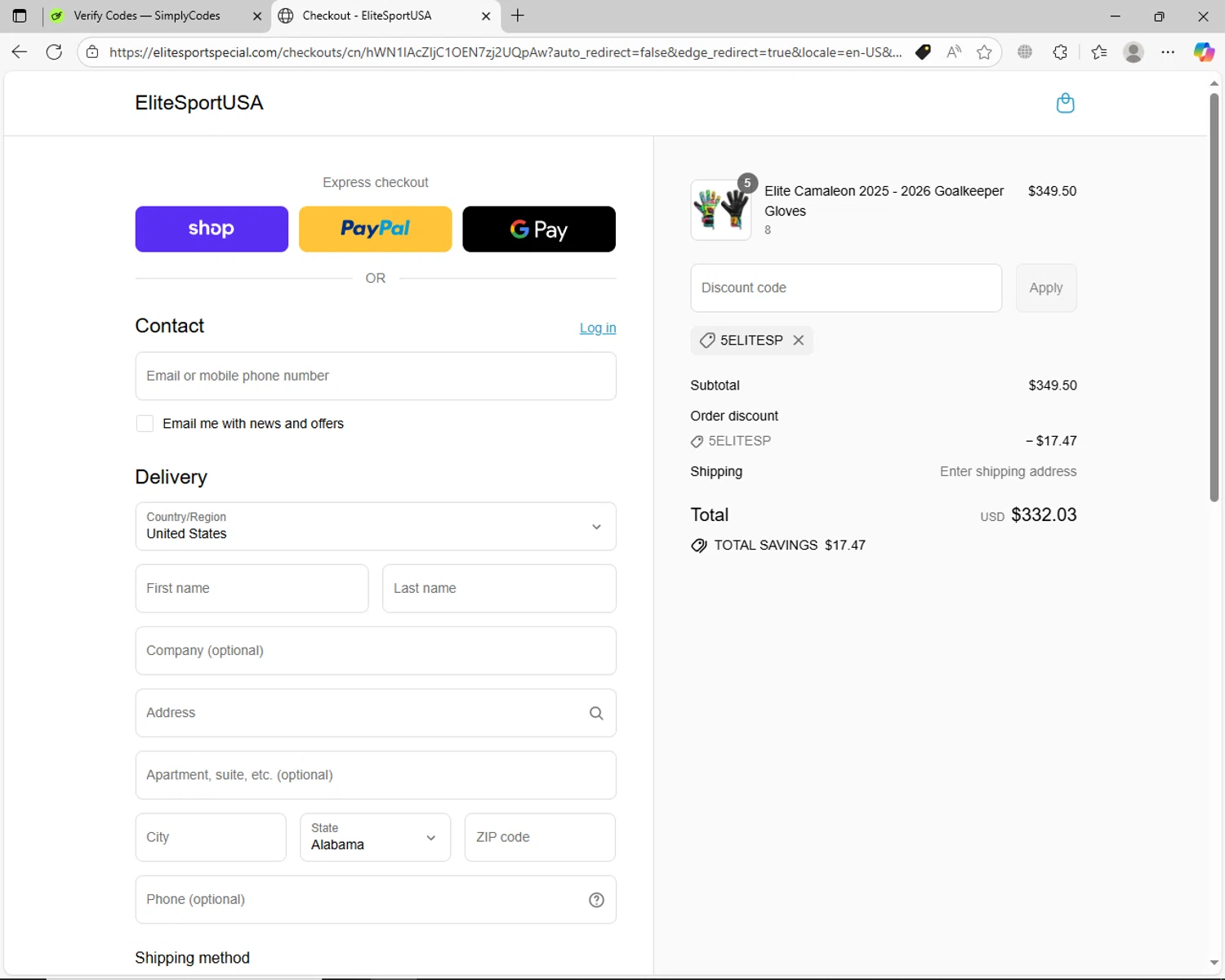 EliteSportUSA promo code screenshot showing code 5elitesp applied at EliteSportUSA checkout page. Uploaded by SimplyCodes community member jechtff10 on Aug 13, 2025