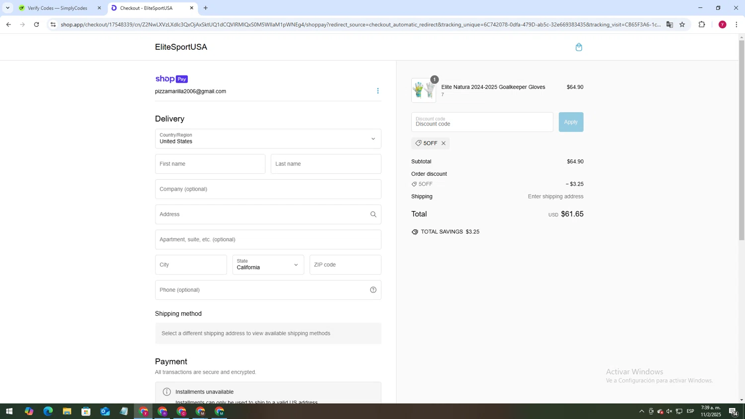 EliteSportUSA promo code screenshot showing code 5OFF applied at EliteSportUSA checkout page. Uploaded by SimplyCodes community member ThriftyWizard1508 on Feb 11, 2025