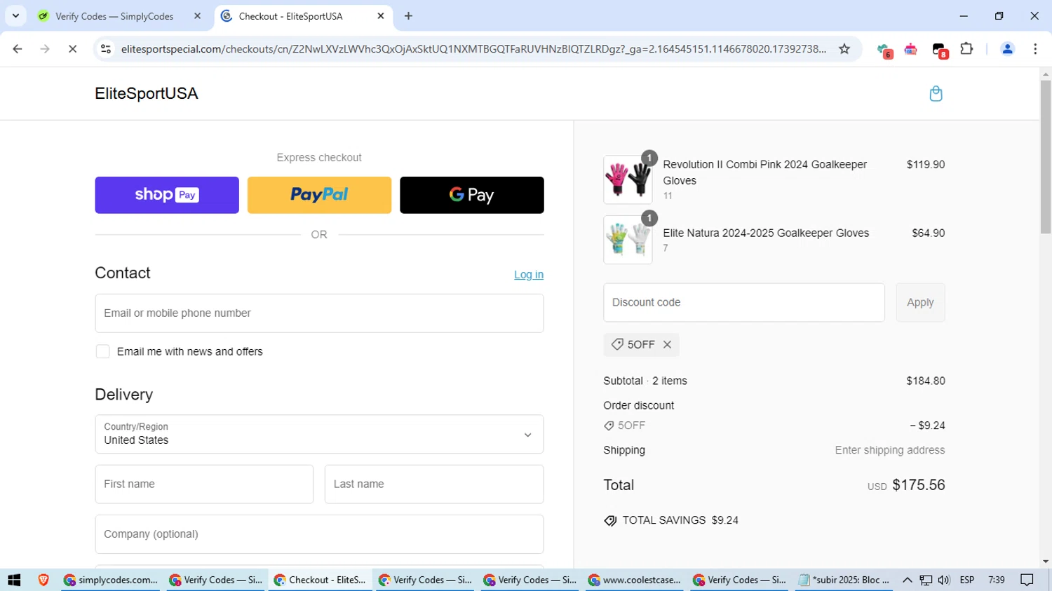 EliteSportUSA promo code screenshot showing code 5OFF applied at EliteSportUSA checkout page. Uploaded by SimplyCodes community member aSASAS on Feb 11, 2025