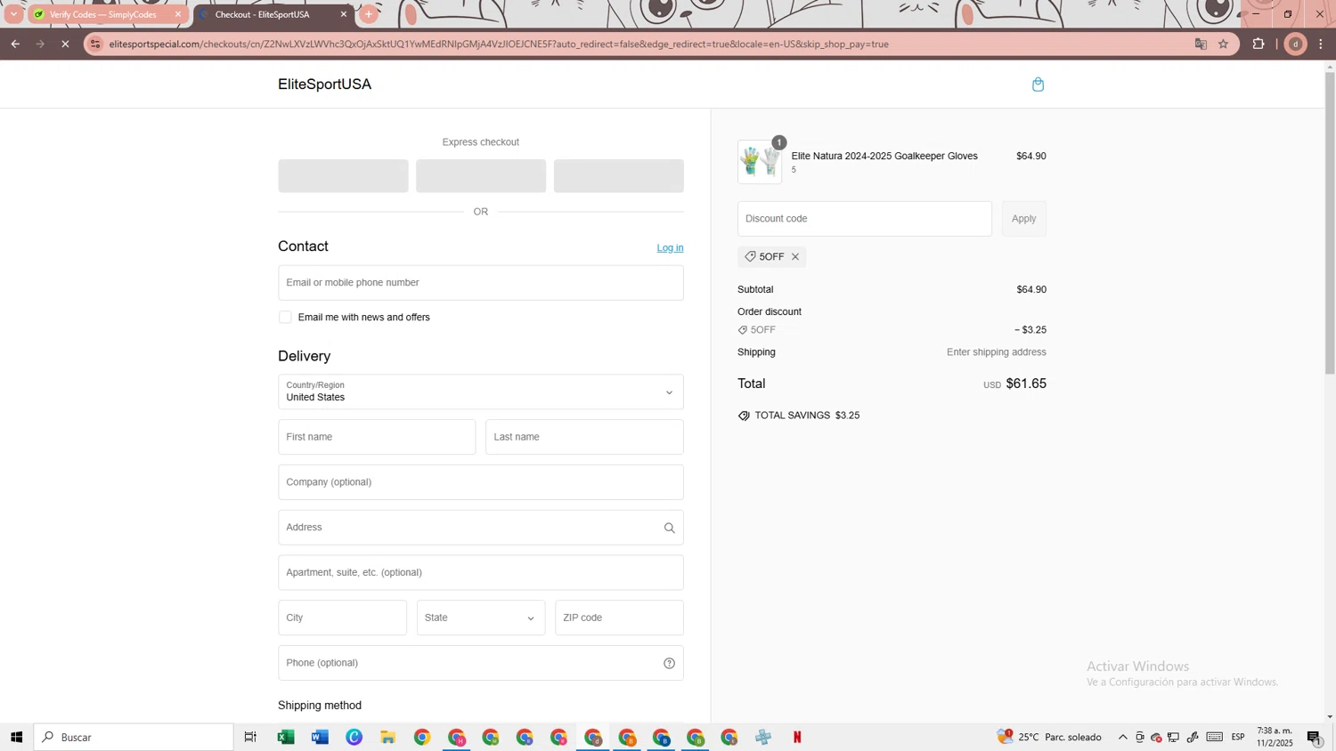 EliteSportUSA promo code screenshot showing code 5OFF applied at EliteSportUSA checkout page. Uploaded by SimplyCodes community member RebateRanger3247 on Feb 11, 2025