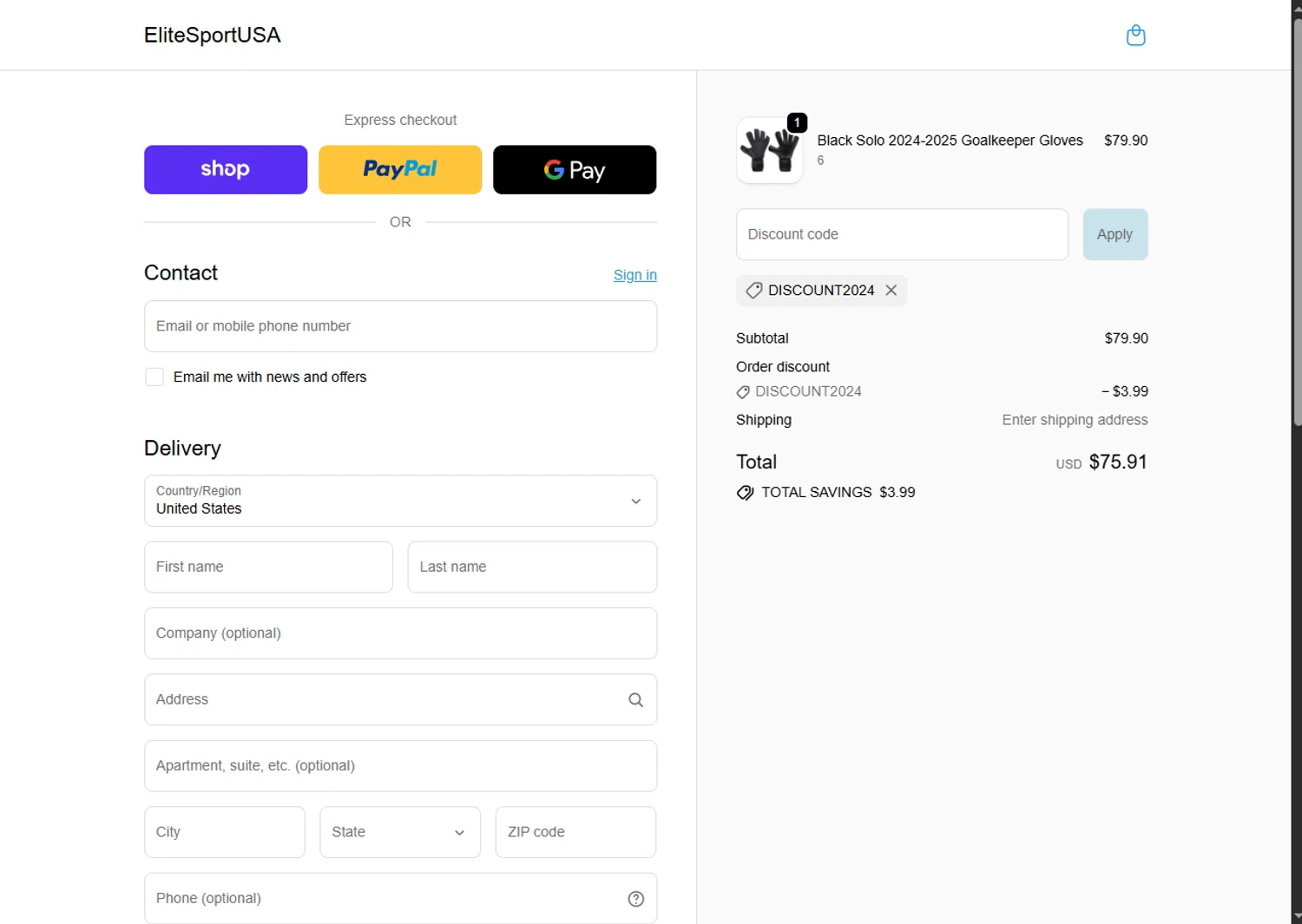 EliteSportUSA promo code screenshot showing code DISCOUNT2024 applied at EliteSportUSA checkout page. Uploaded by SimplyCodes community member MagnificentFalcon188 on Oct 28, 2025