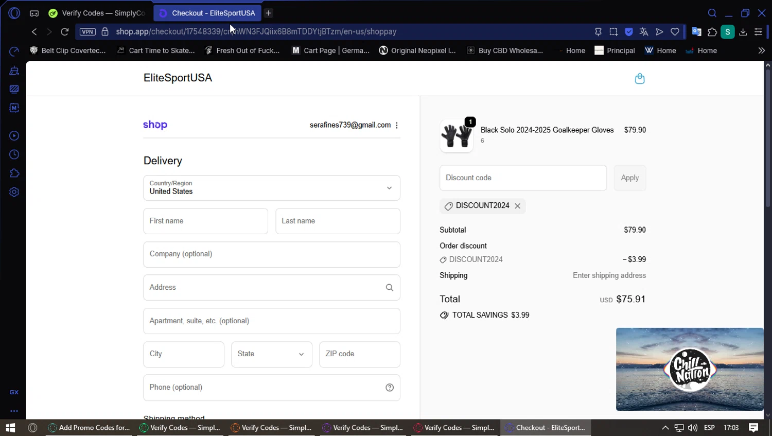 EliteSportUSA promo code screenshot showing code DISCOUNT2024 applied at EliteSportUSA checkout page. Uploaded by SimplyCodes community member PennyFox1280 on Sep 21, 2025