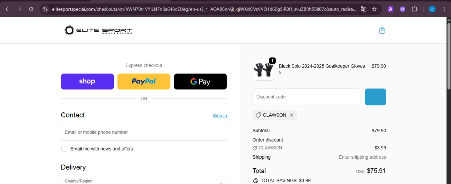 EliteSportUSA promo code screenshot showing code clawson applied at EliteSportUSA checkout page. Uploaded by SimplyCodes community member ShieldKnight4744 on Dec 30, 2025