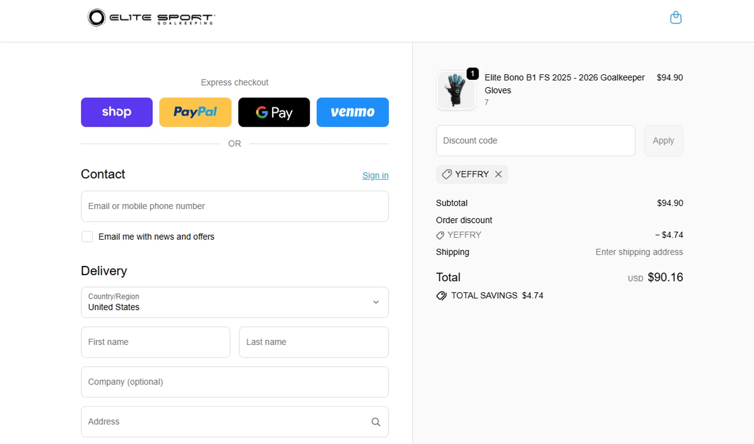 EliteSportUSA checkout page showing EliteSportUSA promo code box | Screenshot taken by SimplyCodes community member on Dec 30, 2025