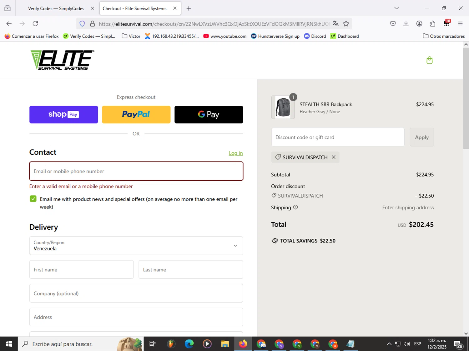 Elite Survival promo code screenshot showing code SURVIVALDISPATCH applied at Elite Survival checkout page. Uploaded by SimplyCodes community member Garou_Y2K on Feb 12, 2025