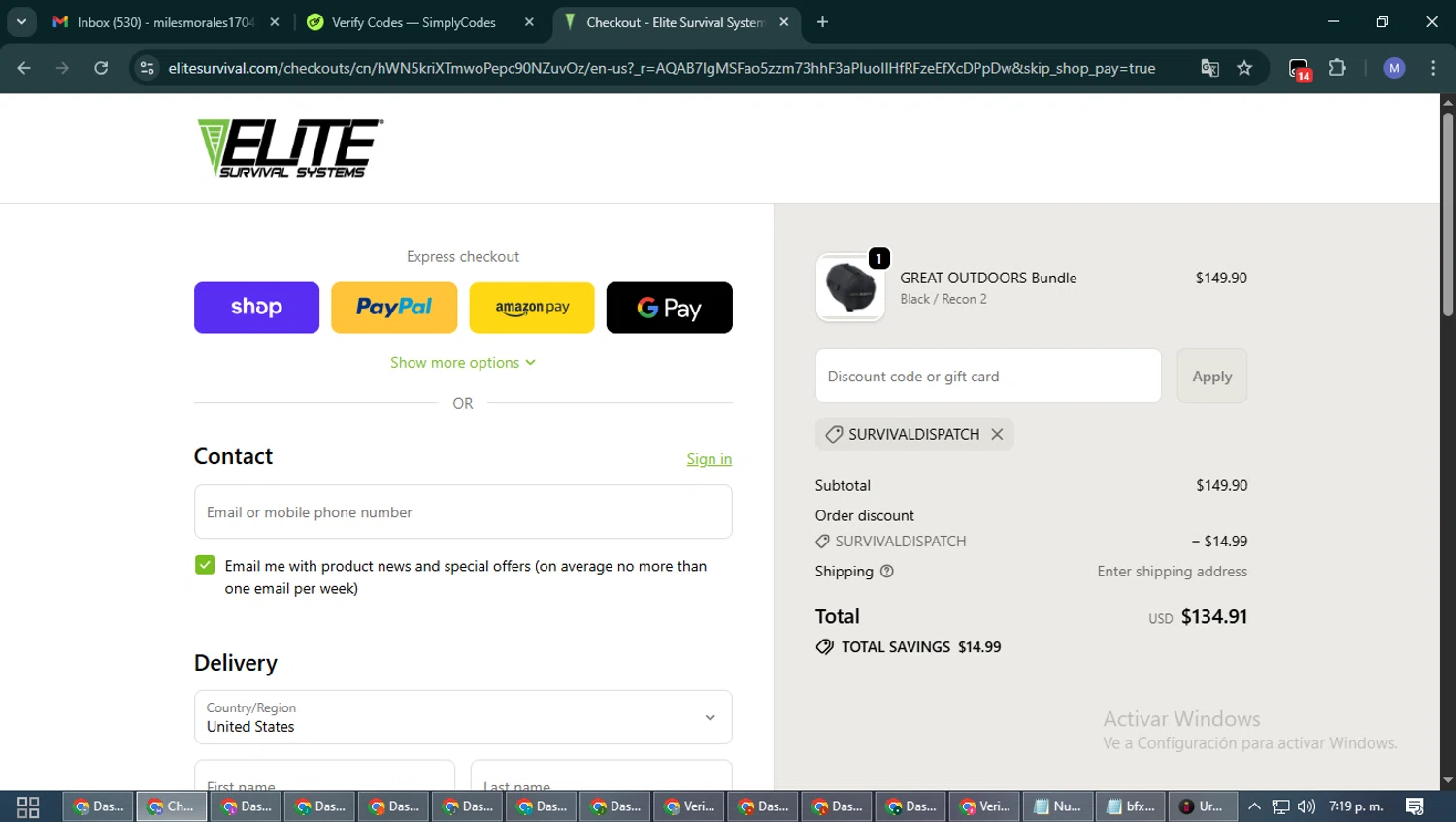Elite Survival promo code screenshot showing code SURVIVALDISPATCH applied at Elite Survival checkout page. Uploaded by SimplyCodes community member PrimeFox5260 on Nov 26, 2025