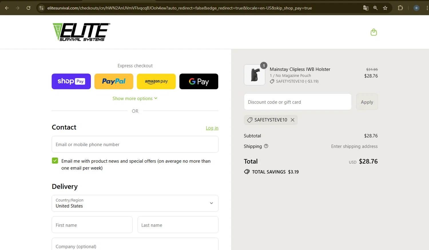 Elite Survival promo code screenshot showing code Safetysteve10 applied at Elite Survival checkout page. Uploaded by SimplyCodes community member Danmiel007 on Aug 24, 2025