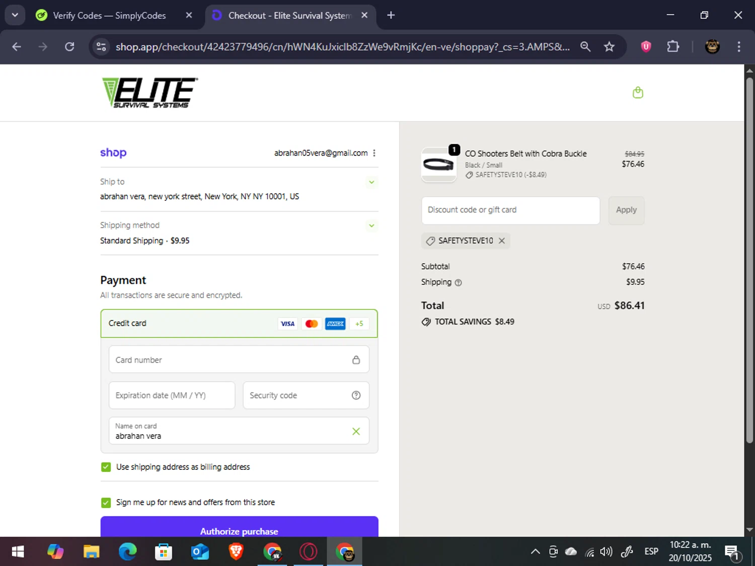 Elite Survival promo code screenshot showing code Safetysteve10 applied at Elite Survival checkout page. Uploaded by SimplyCodes community member abrahanv on Oct 20, 2025