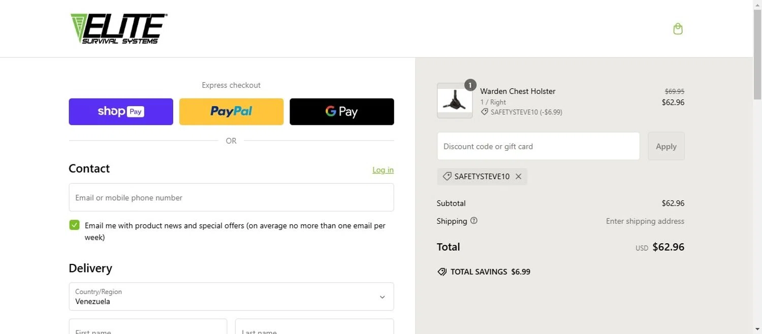 Elite Survival promo code screenshot showing code Safetysteve10 applied at Elite Survival checkout page. Uploaded by SimplyCodes community member EpicVirtuoso478 on Feb 8, 2025