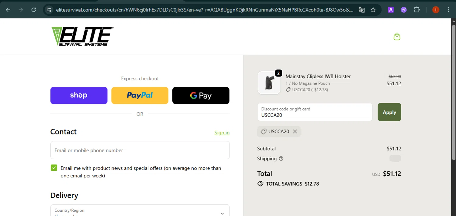 Elite Survival promo code screenshot showing code USCCA20 applied at Elite Survival checkout page. Uploaded by SimplyCodes community member SmartMaestro6853 on Dec 19, 2025