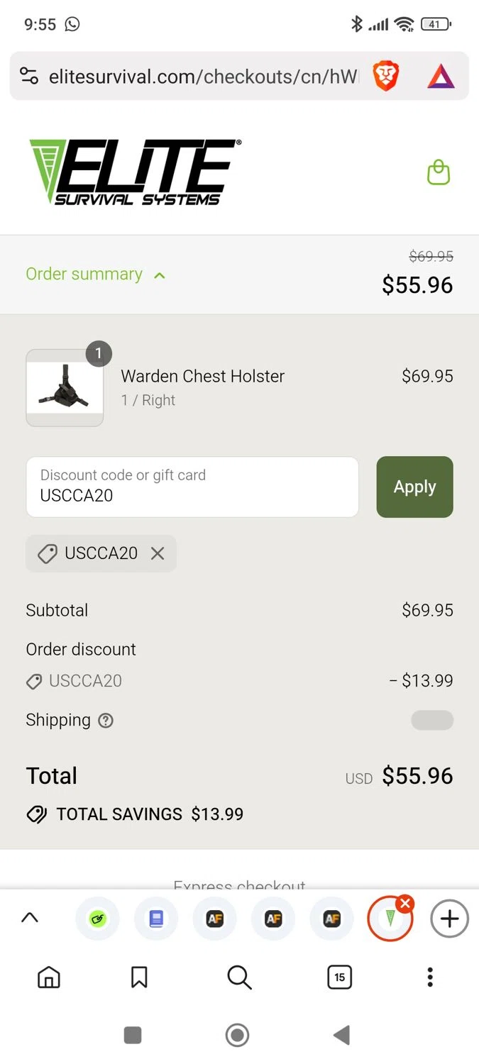Elite Survival promo code screenshot showing code USCCA20 applied at Elite Survival checkout page. Uploaded by SimplyCodes community member dial93mr_6961 on Aug 3, 2025