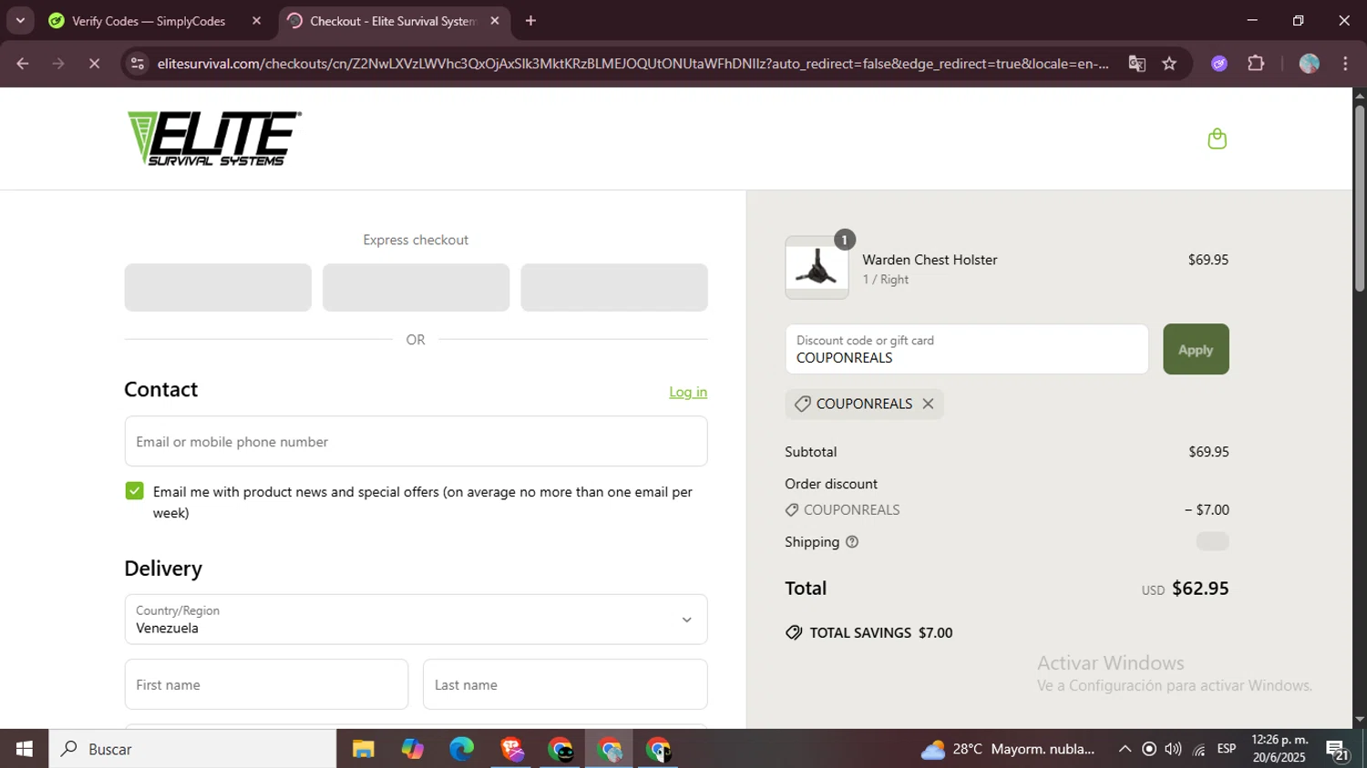 Elite Survival promo code screenshot showing code COUPONREALS applied at Elite Survival checkout page. Uploaded by SimplyCodes community member LegendaryPro7106 on Jun 20, 2025