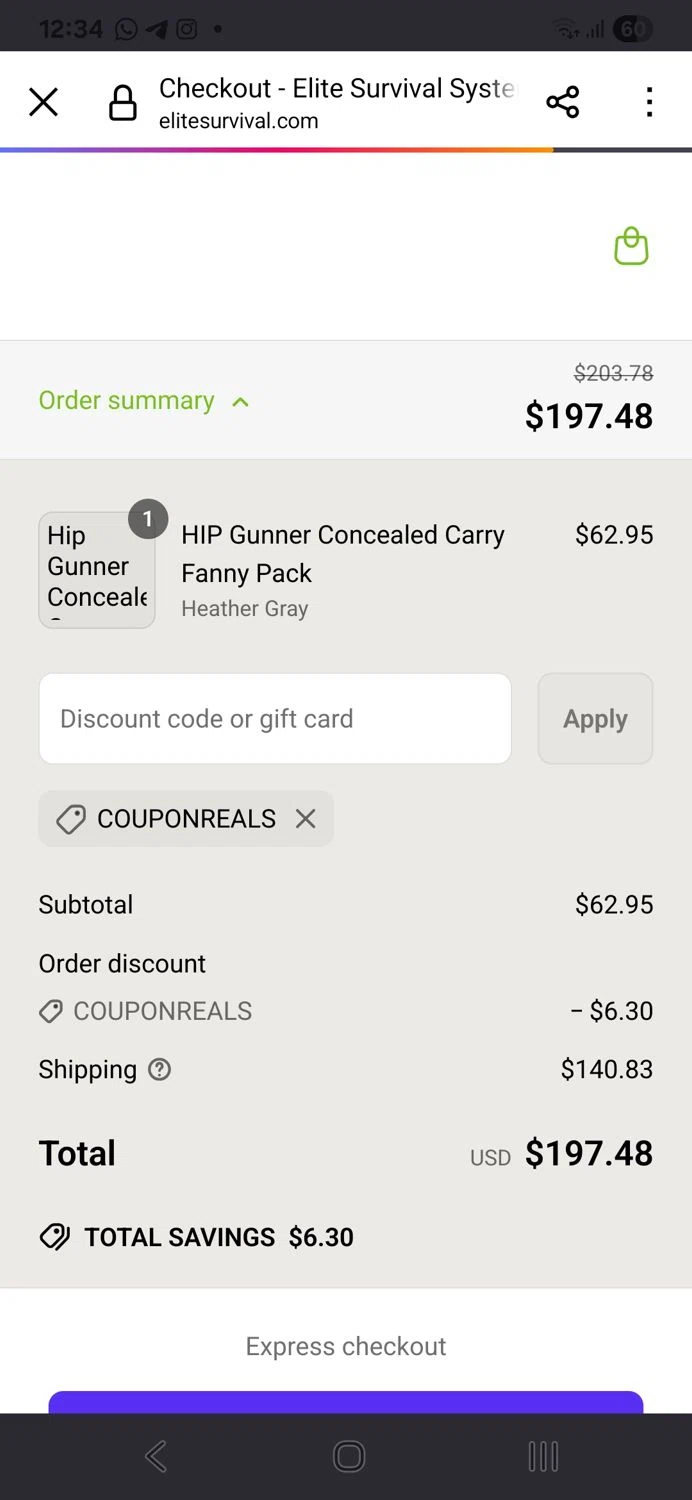 Elite Survival promo code screenshot showing code COUPONREALS applied at Elite Survival checkout page. Uploaded by SimplyCodes community member TULA515 on Jun 20, 2025