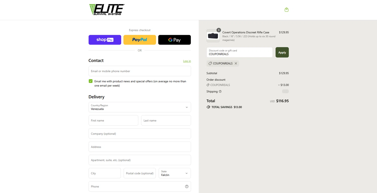Elite Survival promo code screenshot showing code COUPONREALS applied at Elite Survival checkout page. Uploaded by SimplyCodes community member WonderGuardian4443 on Jul 12, 2025