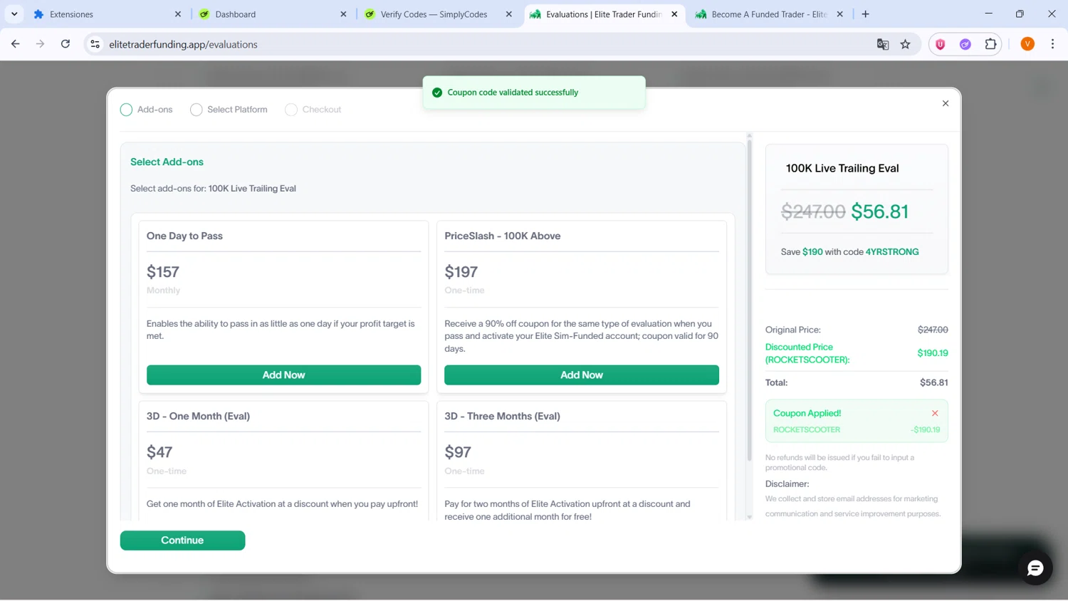 Elite Trader Funding promo code screenshot showing code ROCKETSCOOTER applied at Elite Trader Funding checkout page. Uploaded by SimplyCodes community member BrilliantLion4485 on Feb 14, 2026