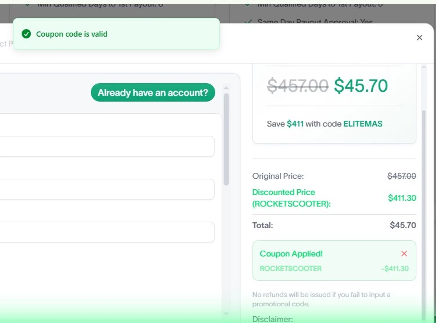 Elite Trader Funding promo code screenshot showing code ROCKETSCOOTER applied at Elite Trader Funding checkout page. Uploaded by SimplyCodes community member PromoPhoenix1566 on Dec 23, 2025