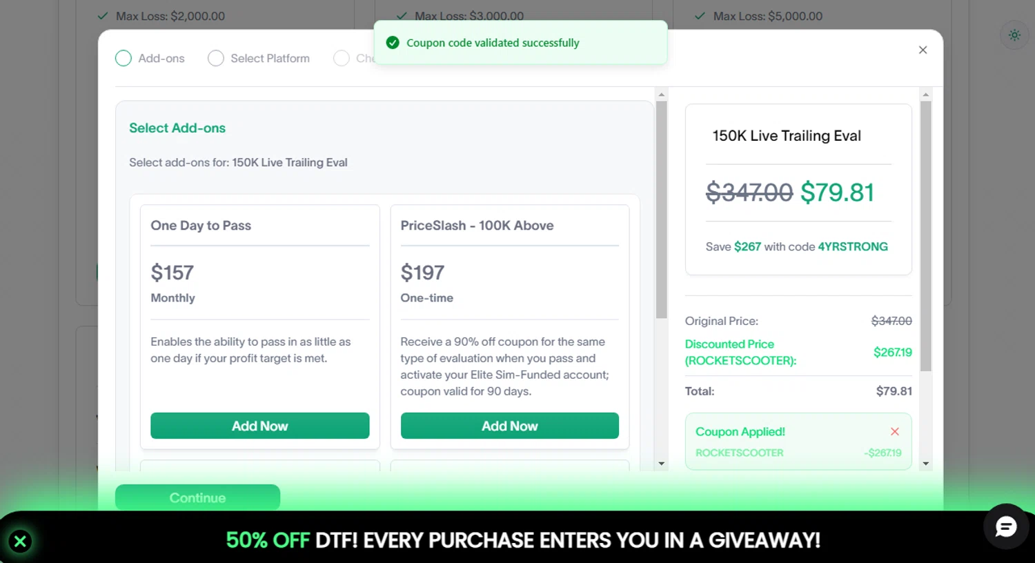 Elite Trader Funding checkout page showing Elite Trader Funding promo code box | Screenshot taken by SimplyCodes community member on Feb 18, 2026