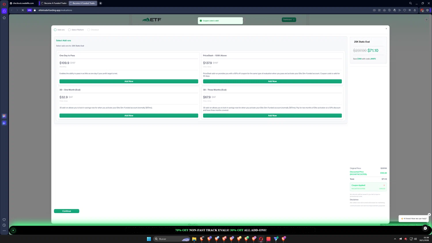 Elite Trader Funding promo code screenshot showing code ROCKETSCOOTER applied at Elite Trader Funding checkout page. Uploaded by SimplyCodes community member CoreSeeker9184 on Jan 18, 2026