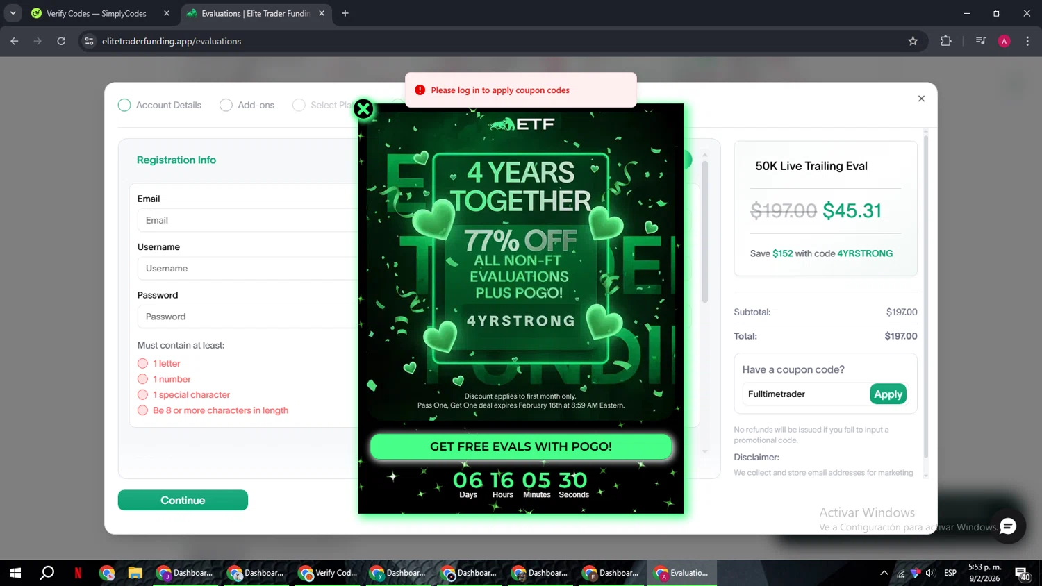 Elite Trader Funding promo code screenshot showing code Fulltimetrader applied at Elite Trader Funding checkout page. Uploaded by SimplyCodes community member BMWGS1200 on Feb 9, 2026