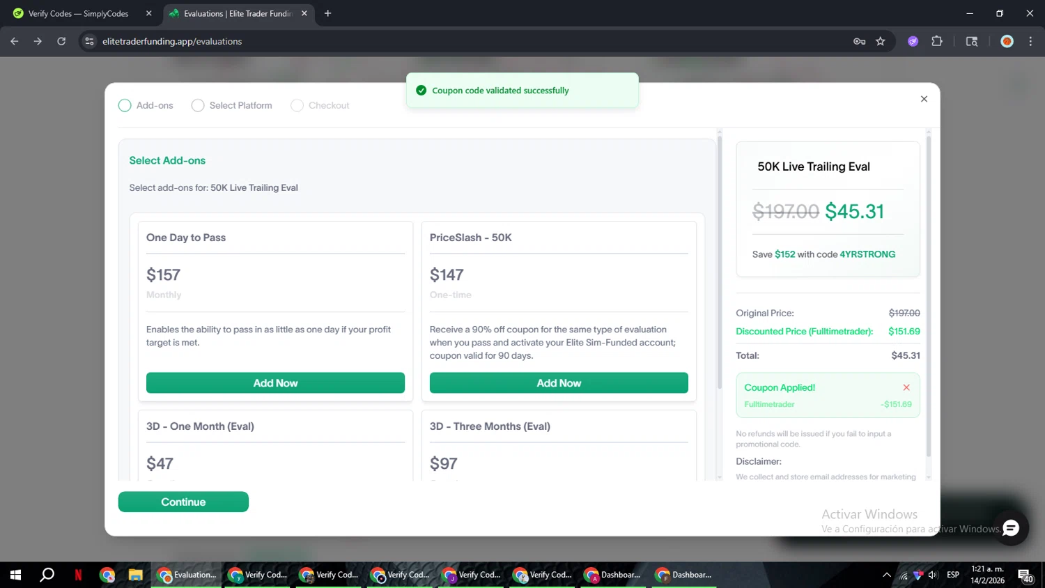 Elite Trader Funding checkout page showing Elite Trader Funding promo code box | Screenshot taken by SimplyCodes community member on Feb 14, 2026