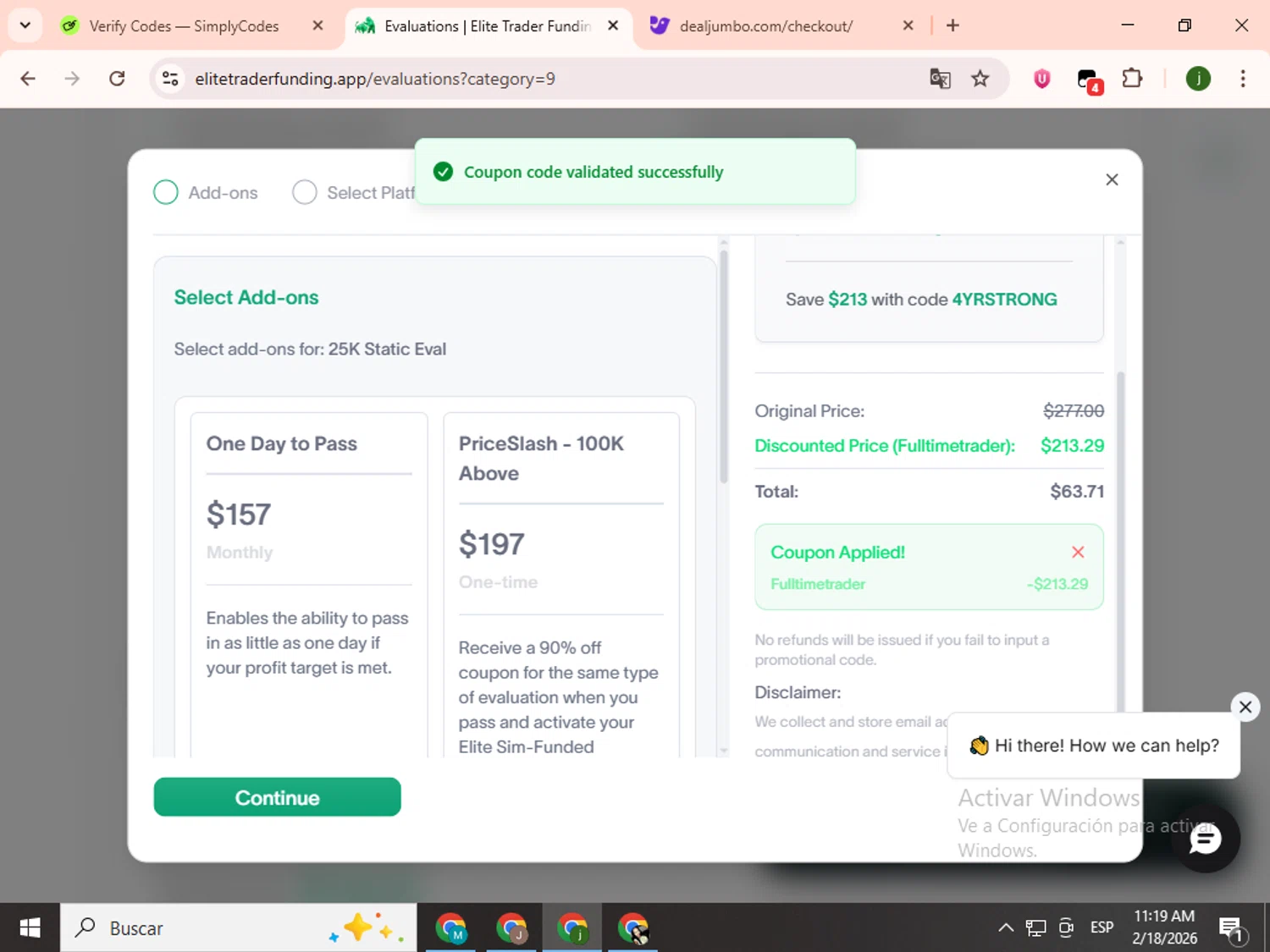 Elite Trader Funding promo code screenshot showing code Fulltimetrader applied at Elite Trader Funding checkout page. Uploaded by SimplyCodes community member SavingsCollector2592 on Feb 18, 2026
