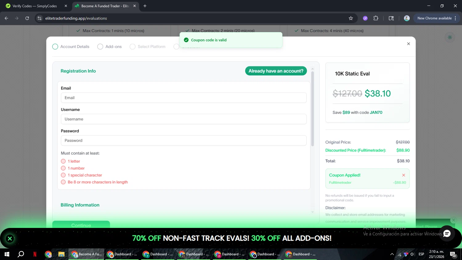 Elite Trader Funding promo code screenshot showing code Fulltimetrader applied at Elite Trader Funding checkout page. Uploaded by SimplyCodes community member ShrewdSeeker6165 on Jan 23, 2026