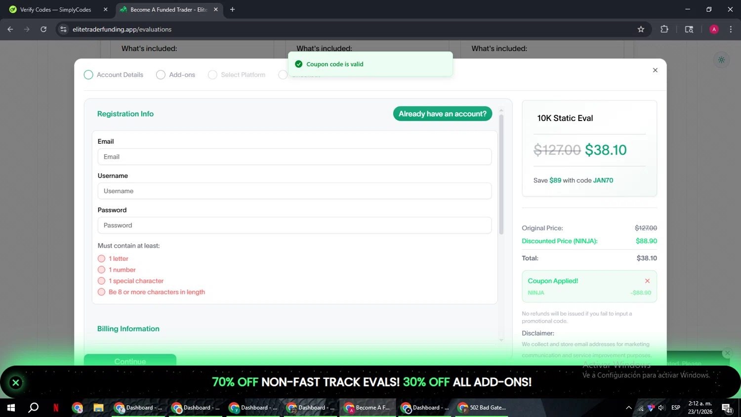 Elite Trader Funding promo code screenshot showing code NINJA applied at Elite Trader Funding checkout page. Uploaded by SimplyCodes community member BMWGS1200 on Jan 23, 2026