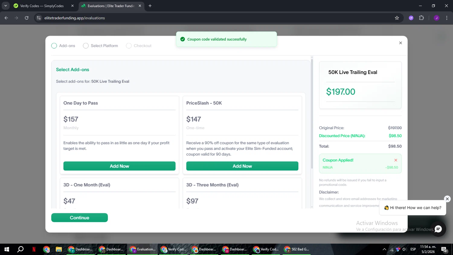 Elite Trader Funding promo code screenshot showing code NINJA applied at Elite Trader Funding checkout page. Uploaded by SimplyCodes community member ShrewdSeeker6165 on Feb 5, 2026