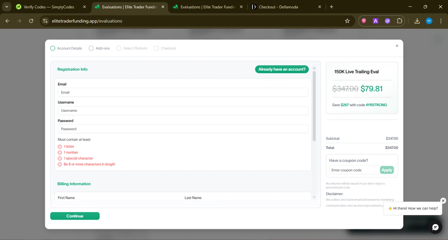 Elite Trader Funding promo code screenshot showing code 4YRSTRONG applied at Elite Trader Funding checkout page. Uploaded by SimplyCodes community member LuckyWarden9122 on Feb 14, 2026