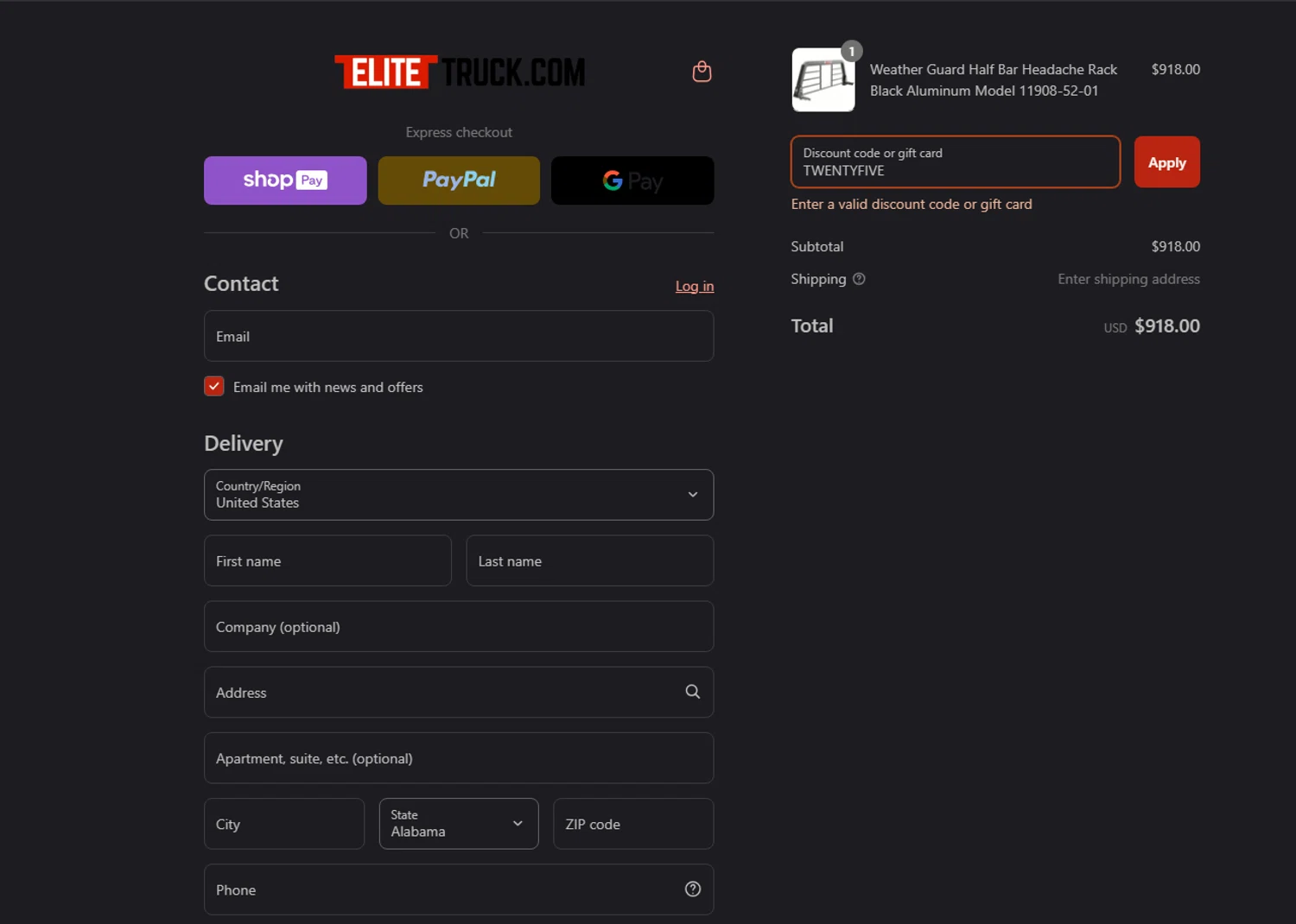 Elite Truck discount code screenshot showing code TWENTYFIVE applied at Elite Truck checkout page. Uploaded by SimplyCodes community member tony2702 on Jul 28, 2025