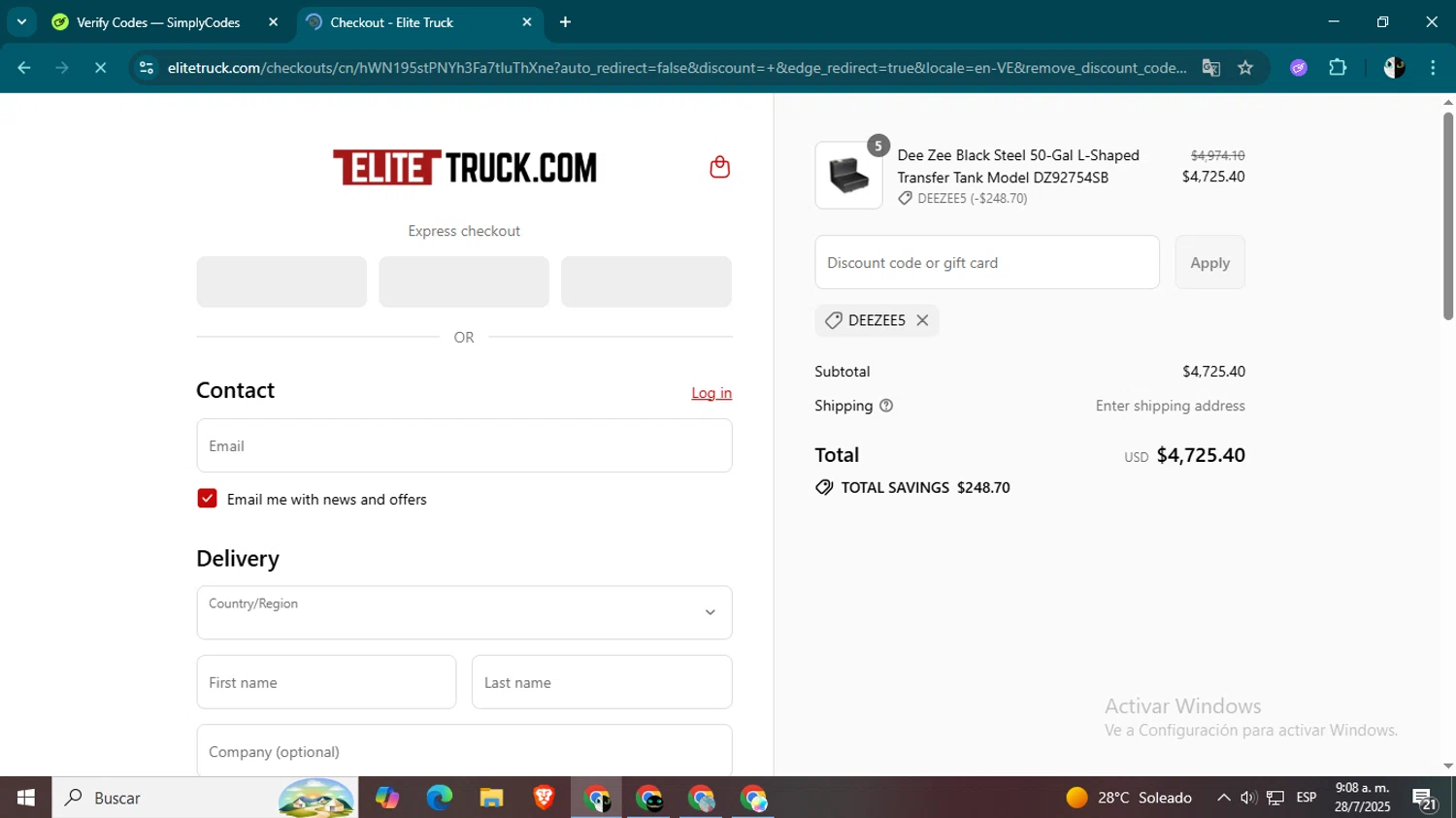 Elite Truck discount code screenshot showing code Deezee5 applied at Elite Truck checkout page. Uploaded by SimplyCodes community member CleverSage9163 on Jul 28, 2025