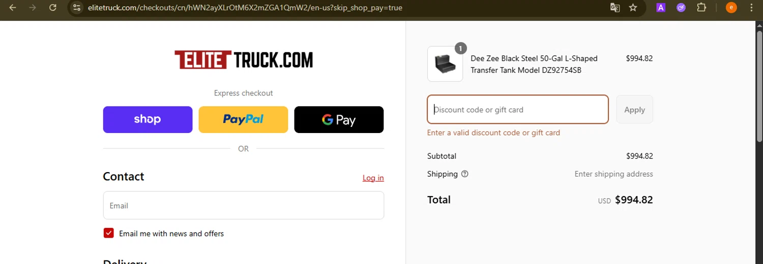 Elite Truck discount code screenshot showing code Deezee5 applied at Elite Truck checkout page. Uploaded by SimplyCodes community member NobleElite1598 on Sep 4, 2025