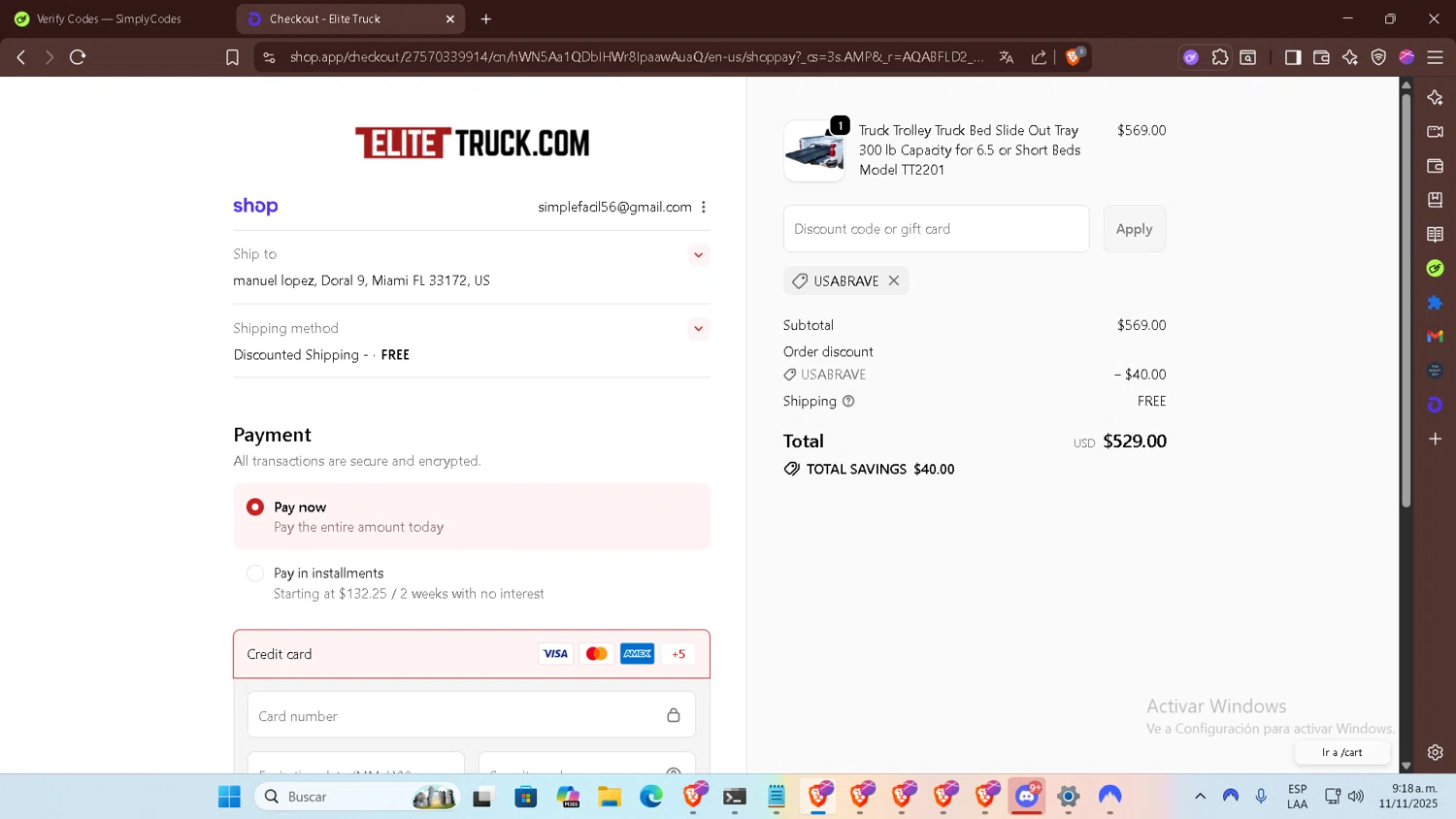 Elite Truck discount code screenshot showing code USABRAVE applied at Elite Truck checkout page. Uploaded by SimplyCodes community member BOLITAS on Nov 11, 2025