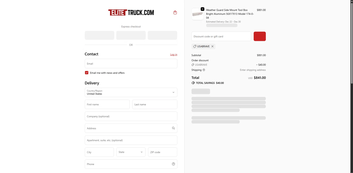 Elite Truck discount code screenshot showing code USABRAVE applied at Elite Truck checkout page. Uploaded by SimplyCodes community member VoucherRanger9105 on Dec 18, 2025