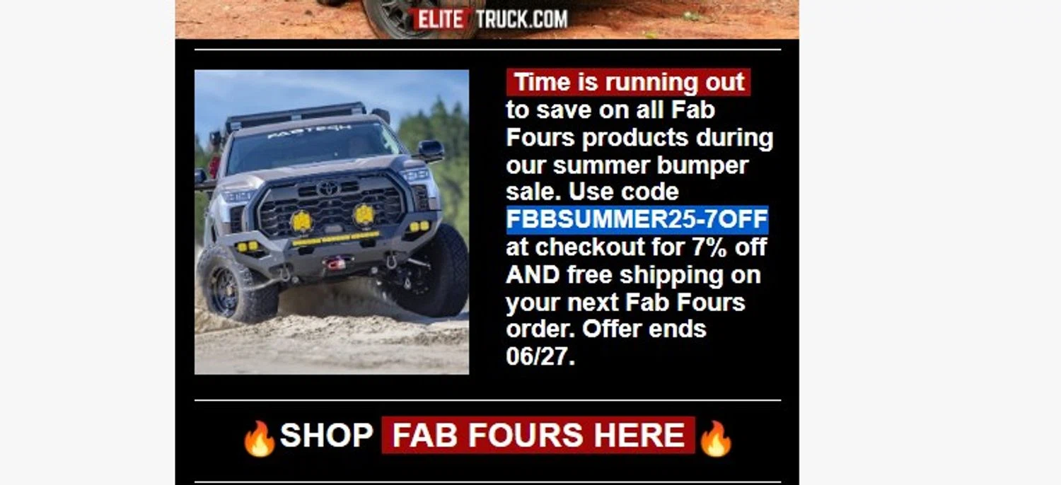Elite Truck discount code screenshot showing code FBBSUMMER25-7OFF applied at Elite Truck checkout page. Uploaded by SimplyCodes community member yennifergonzalez on Jun 24, 2025