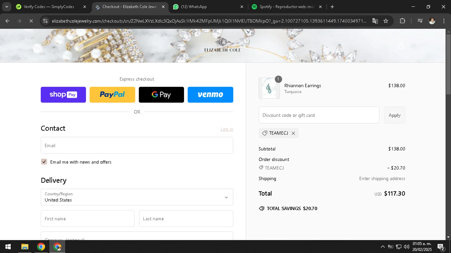 Elizabeth Cole Jewelry promo code screenshot showing code TEAMECJ applied at Elizabeth Cole Jewelry checkout page. Uploaded by SimplyCodes community member SavingsMaven1223 on Feb 20, 2025