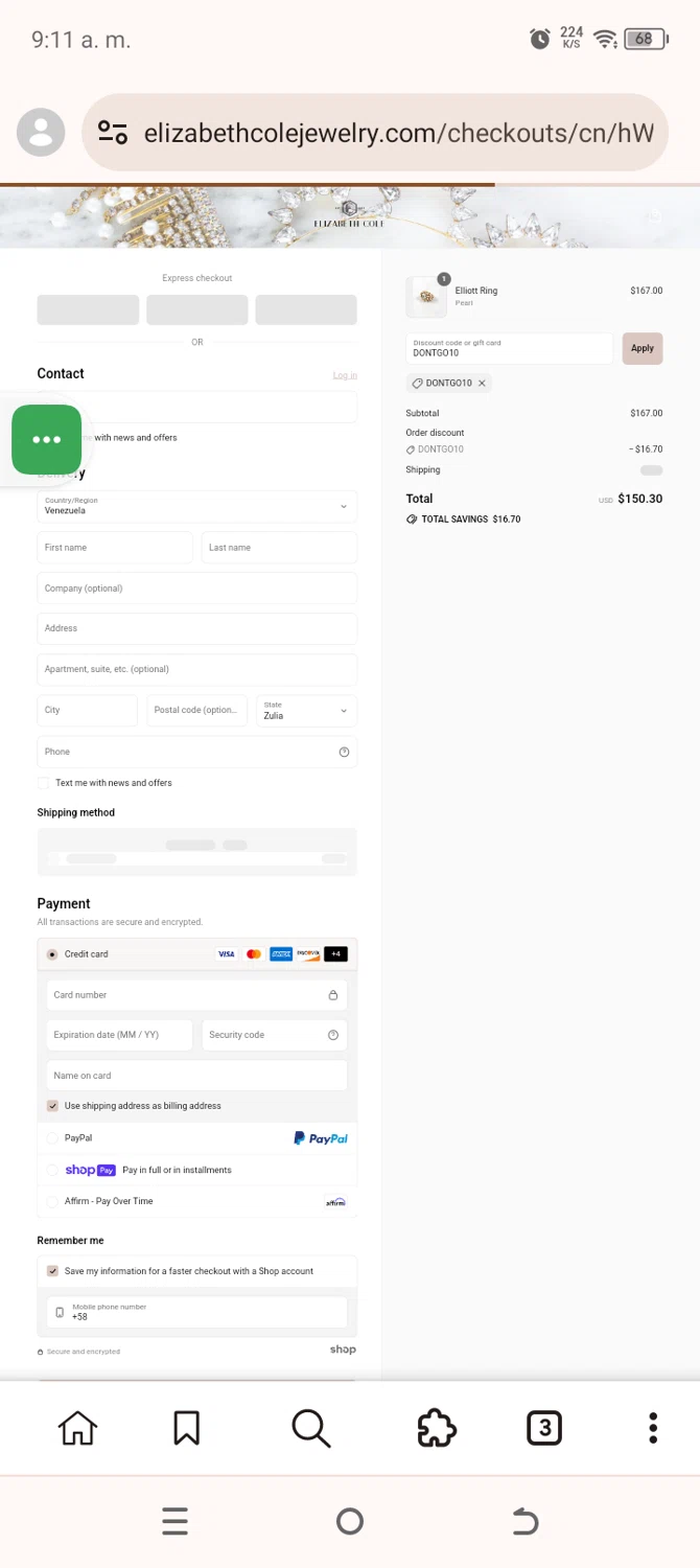 Elizabeth Cole Jewelry promo code screenshot showing code DONTGO10 applied at Elizabeth Cole Jewelry checkout page. Uploaded by SimplyCodes community member CashSaver3941 on Aug 11, 2025