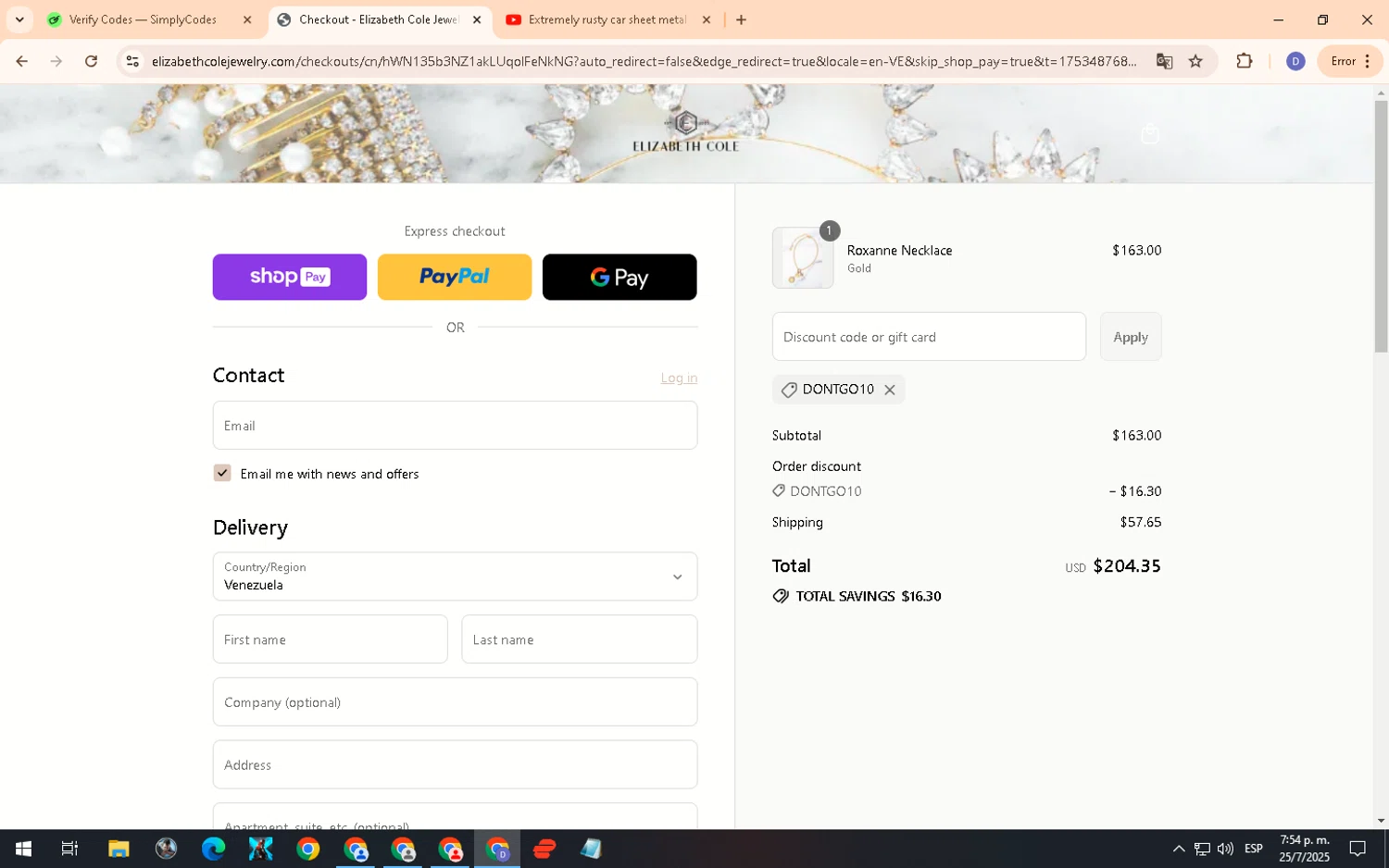 Elizabeth Cole Jewelry promo code screenshot showing code DONTGO10 applied at Elizabeth Cole Jewelry checkout page. Uploaded by SimplyCodes community member PennyCurator6489 on Jul 25, 2025